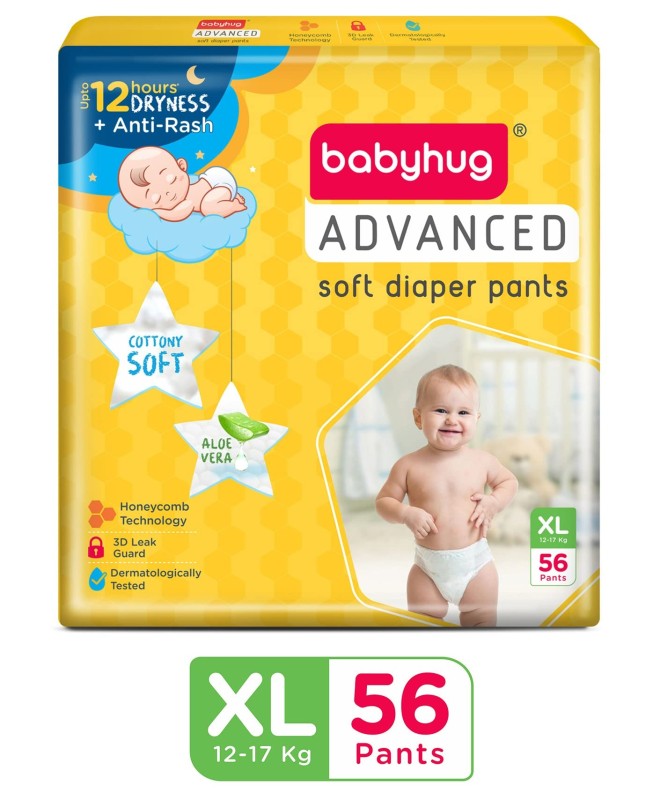 Babyhug Advanced Pant Style Diapers Extra Large (XL) Size - 56 Pieces, Honeycomb Technology, Cottony Soft Diaper with 3D Leak Guard, Latex & Alcohol Free, Anti-rash & Gentle