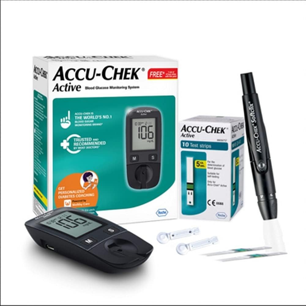 Accu-Chek Active Blood Glucose Glucometer Kit With Vial Of 10 Strips, 10 Lancets And A Lancing Device Free For Accurate Blood Sugar Testing