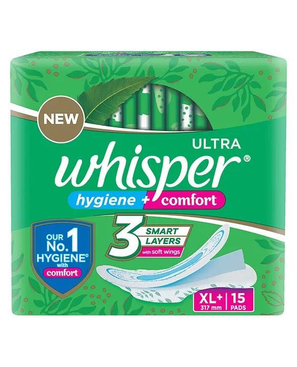 Whisper Ultra Hygiene+ Comfort Clean Sanitary Pads for Heavy Flow Ultimate Protection & Locks Odour with Disposable Wrapper Size XL+ - 15 Pads