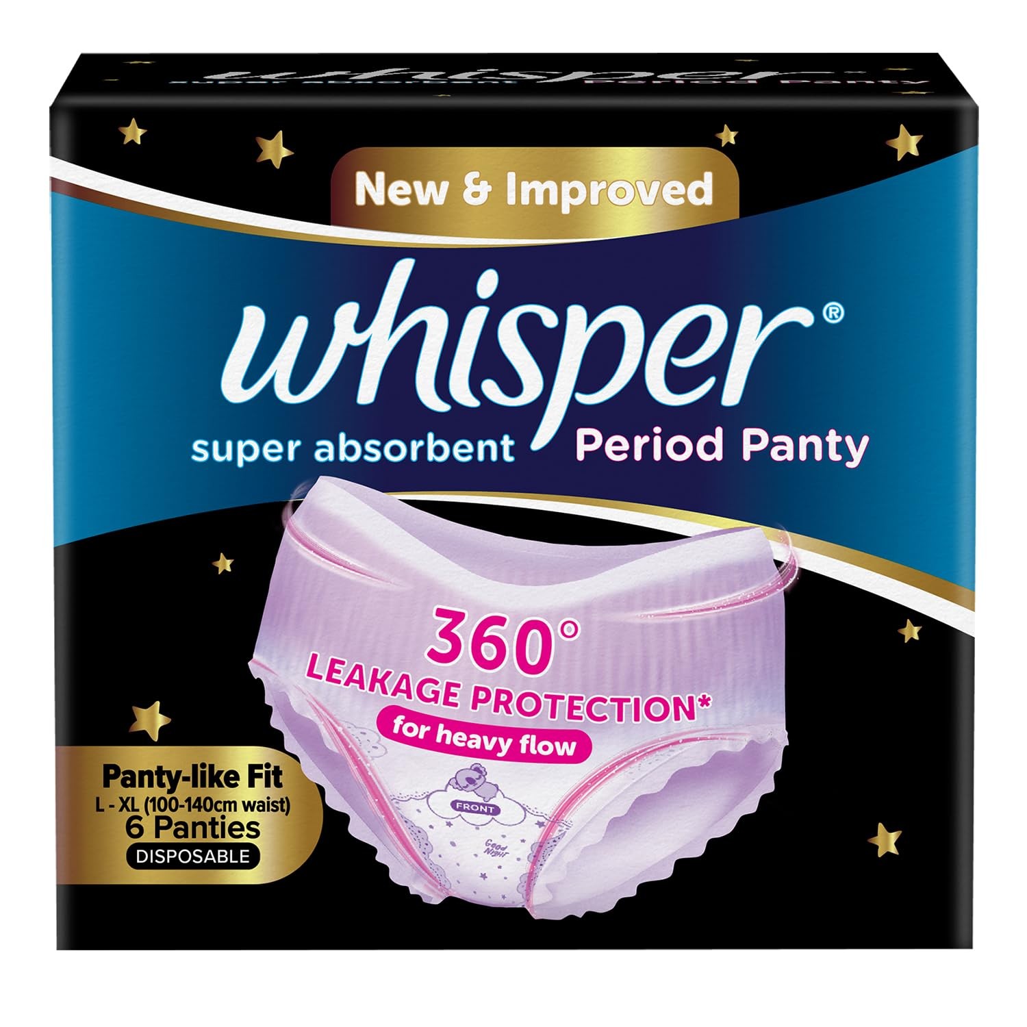 Whisper Super Absorbent Period Panty, 6 L-XL Pants, 360 Degree Leakage Protection for Heavy Flow