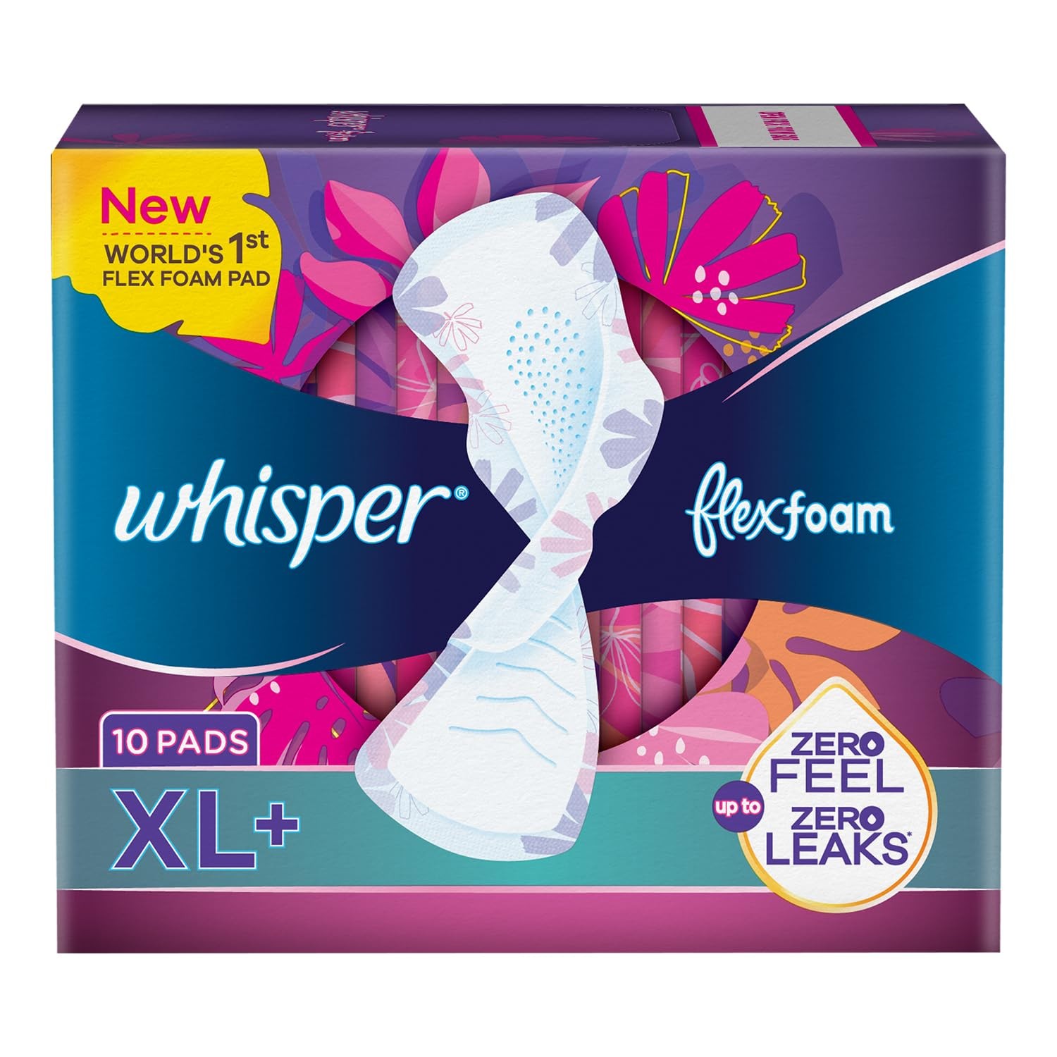 Whisper Flexfoam, 10 XL+ Sanitary Pads for Women, Upto Zero Feel Zero Leaks, World's 1st Flexfoam Pad, Upto 100% leak free